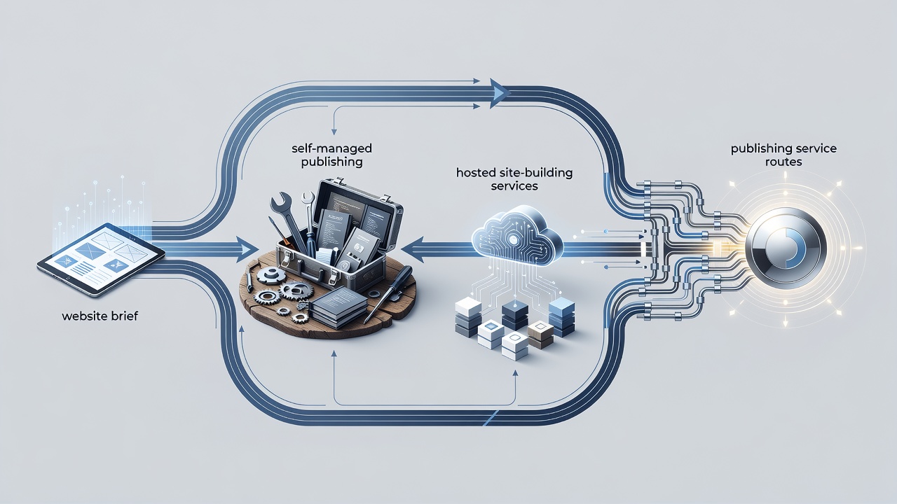 Illustrated routes from a website brief to self-managed publishing and hosted site-building services