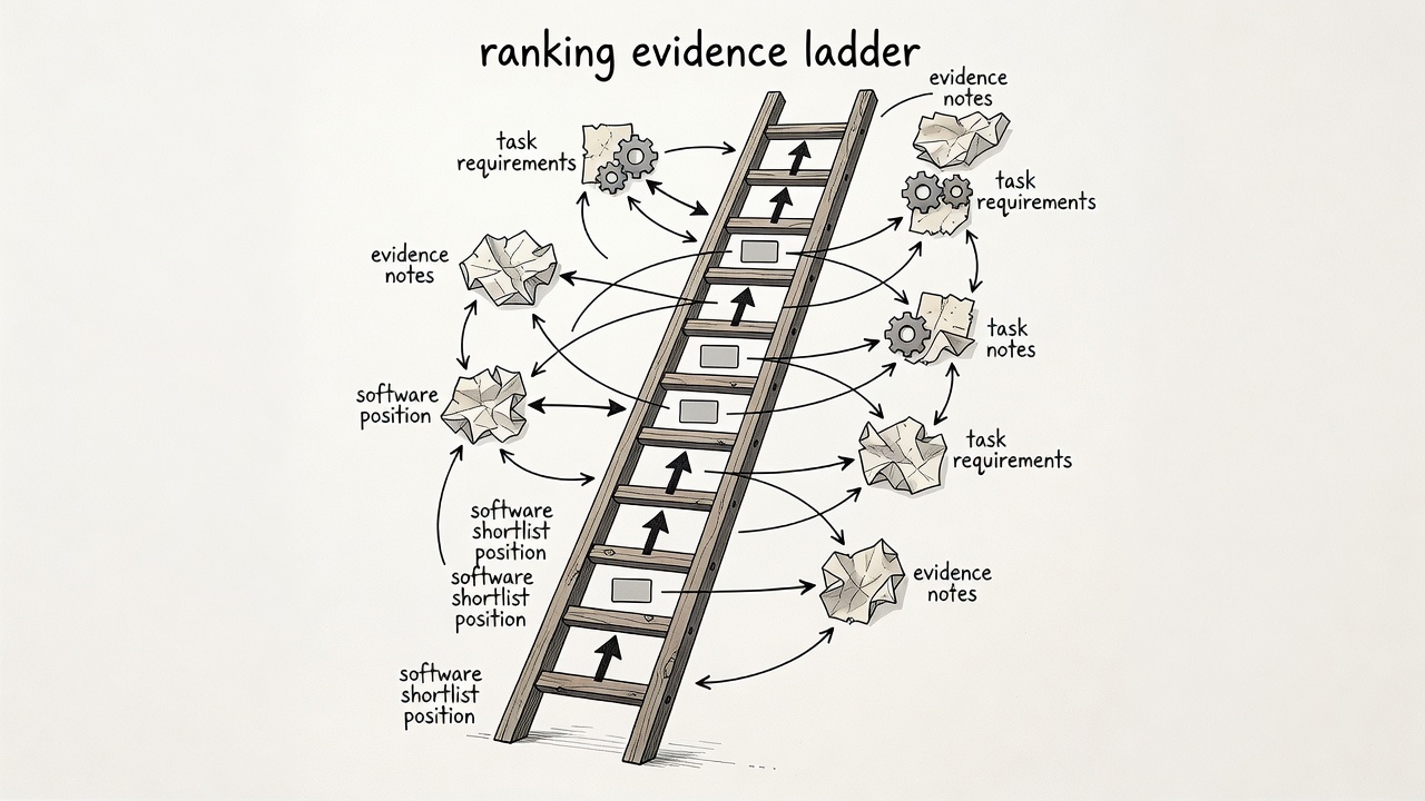 Illustrated ladder connecting software shortlist positions to evidence notes and task requirements