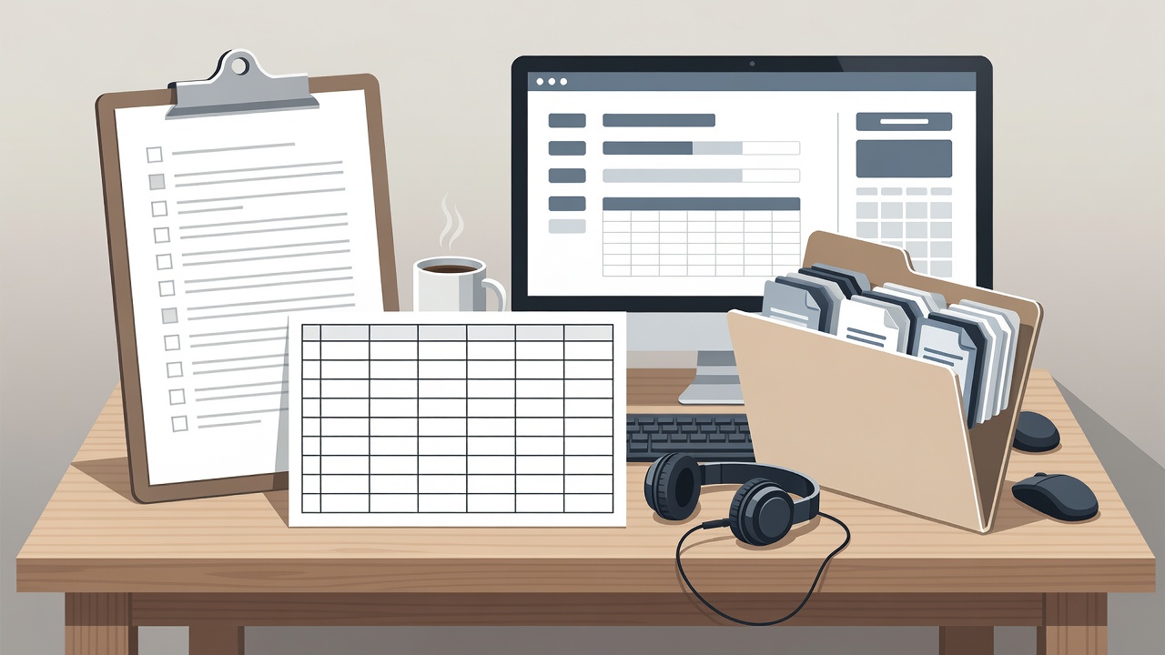Illustrated workbench with a task checklist, sample dataset and software export folder